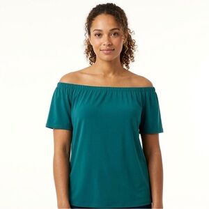 Halogen Womans Off Shoulder Ruffle Green Short Sleeve Top - Size Medium